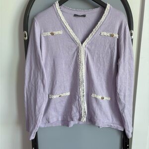 Adrianna Papell Lavender V-Neck Cardigan with White Trim